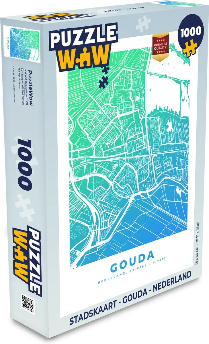 PuzzleWow Stadskaart Gouda Nederland Legpuzzel 1000 Stuks - Multicolor