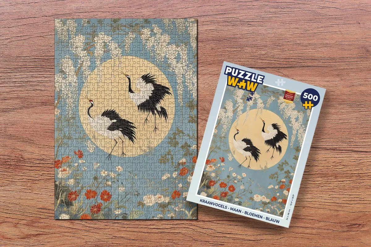 PuzzleWow Kraanvogels Maan Bloemen Legpuzzel 500 Stuks - Blauw