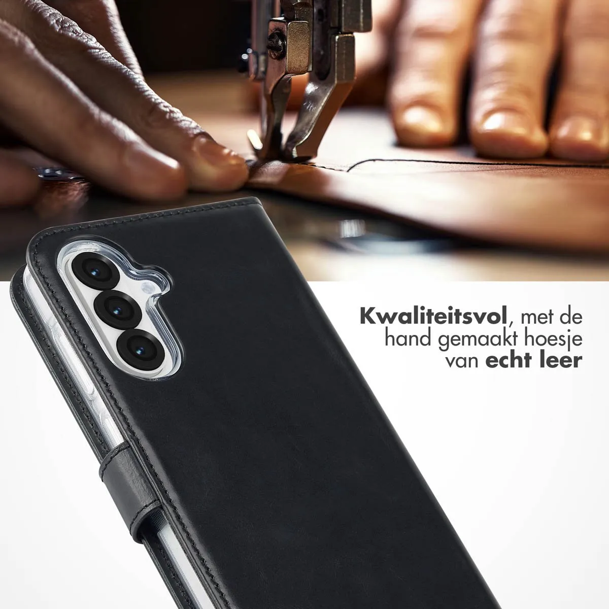 Selencia Echt Lederen Bookcase Hoesje - Samsung Galaxy A36/A56 - 3 Pasjes - Zwart