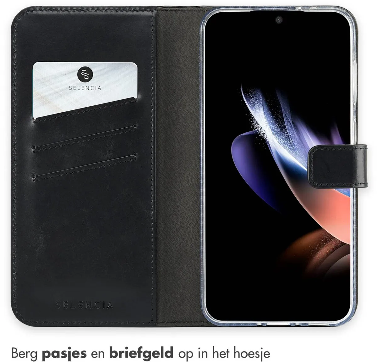 Selencia Echt Lederen Bookcase Hoesje - Samsung Galaxy A36/A56 - 3 Pasjes - Zwart