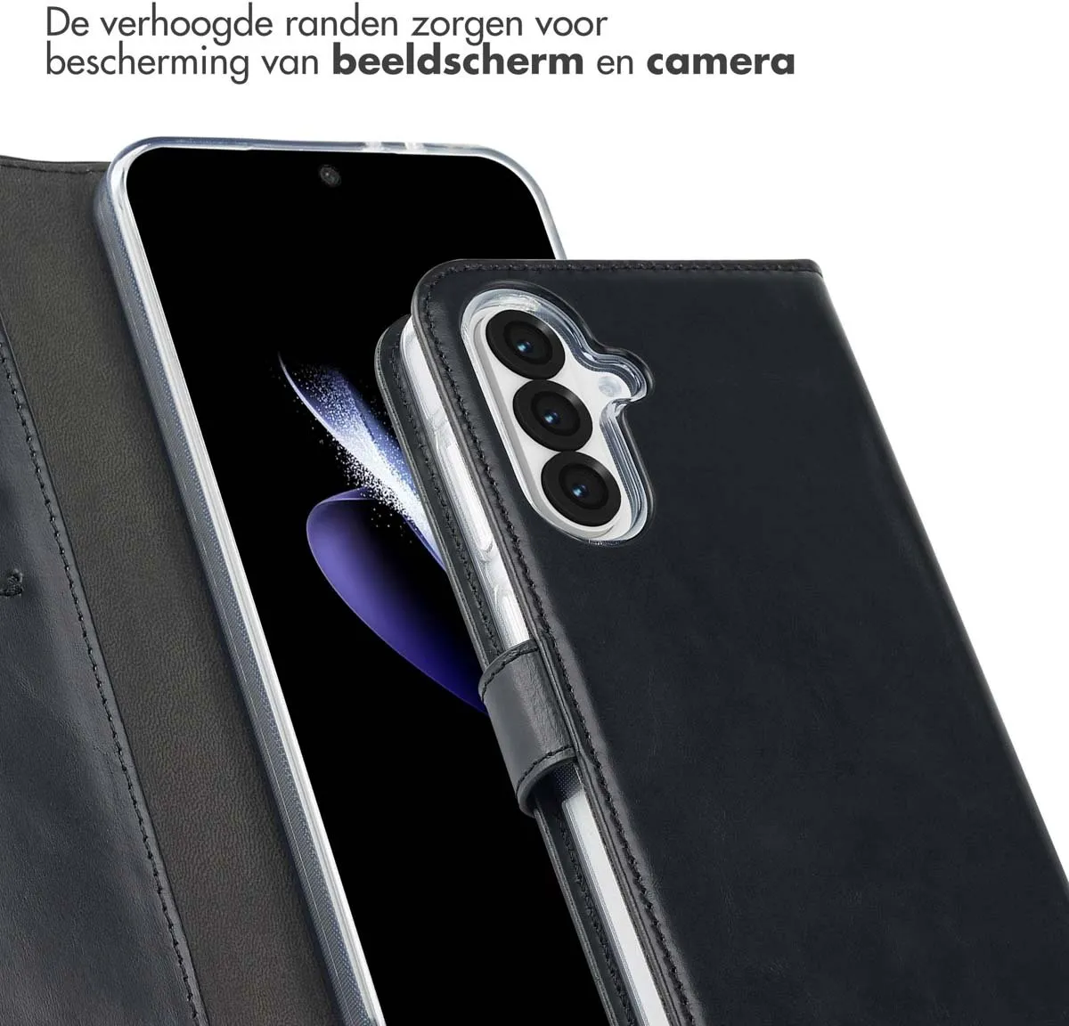 Selencia Echt Lederen Bookcase Hoesje - Samsung Galaxy A36/A56 - 3 Pasjes - Zwart