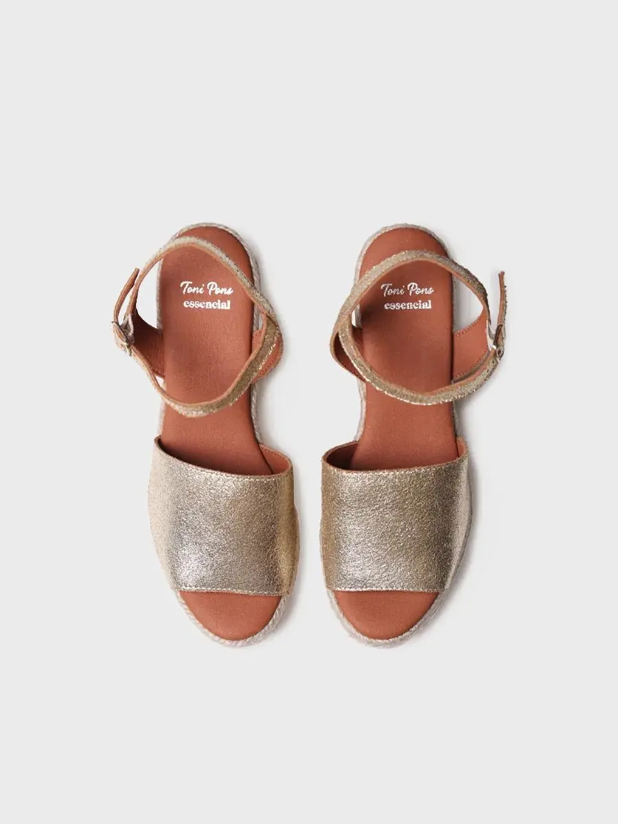 Zilveren leren espadrille met hoge sleehak en gesp