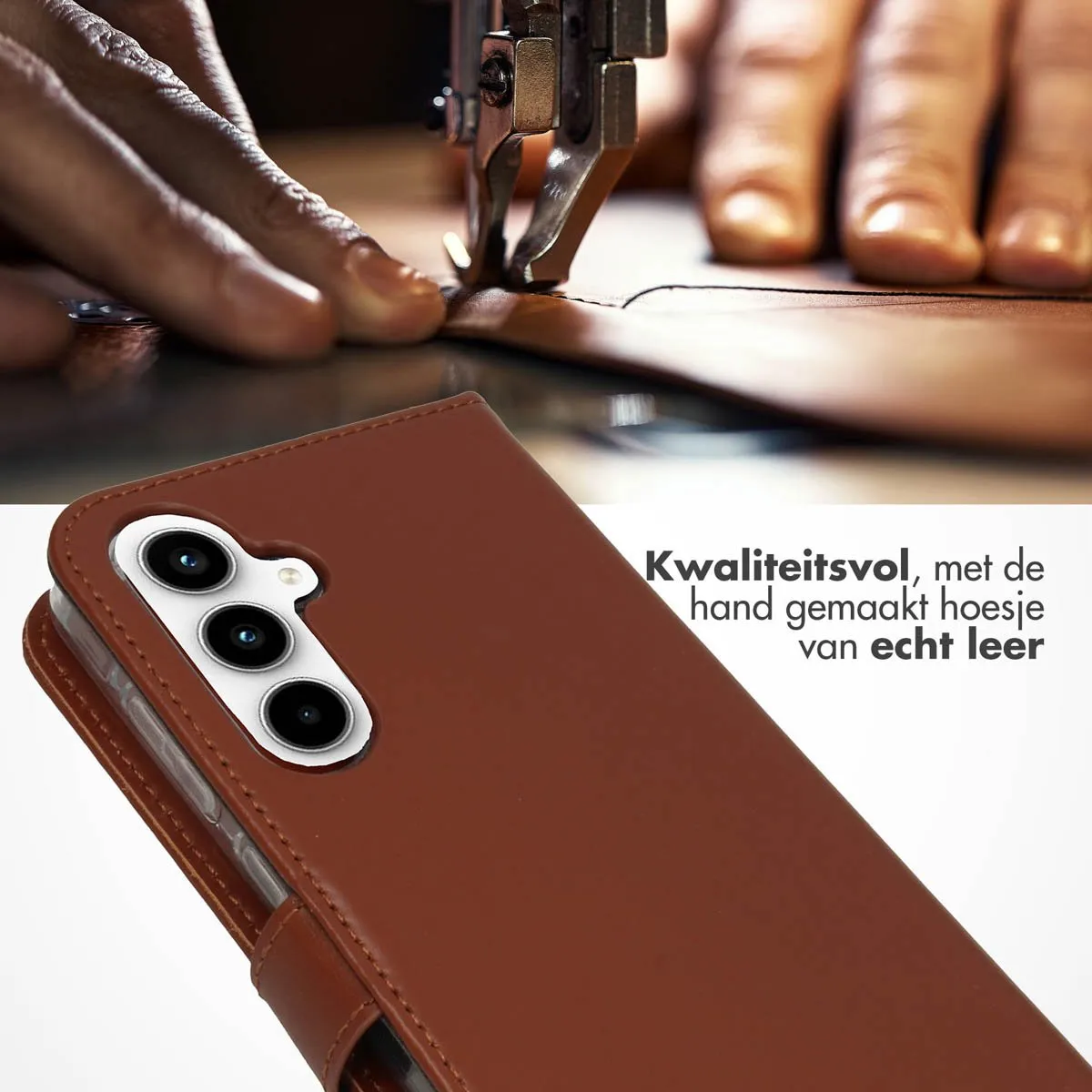 Selencia Hoesje Samsung Galaxy A55 Echt Lederen Bookcase Lichtbruin
