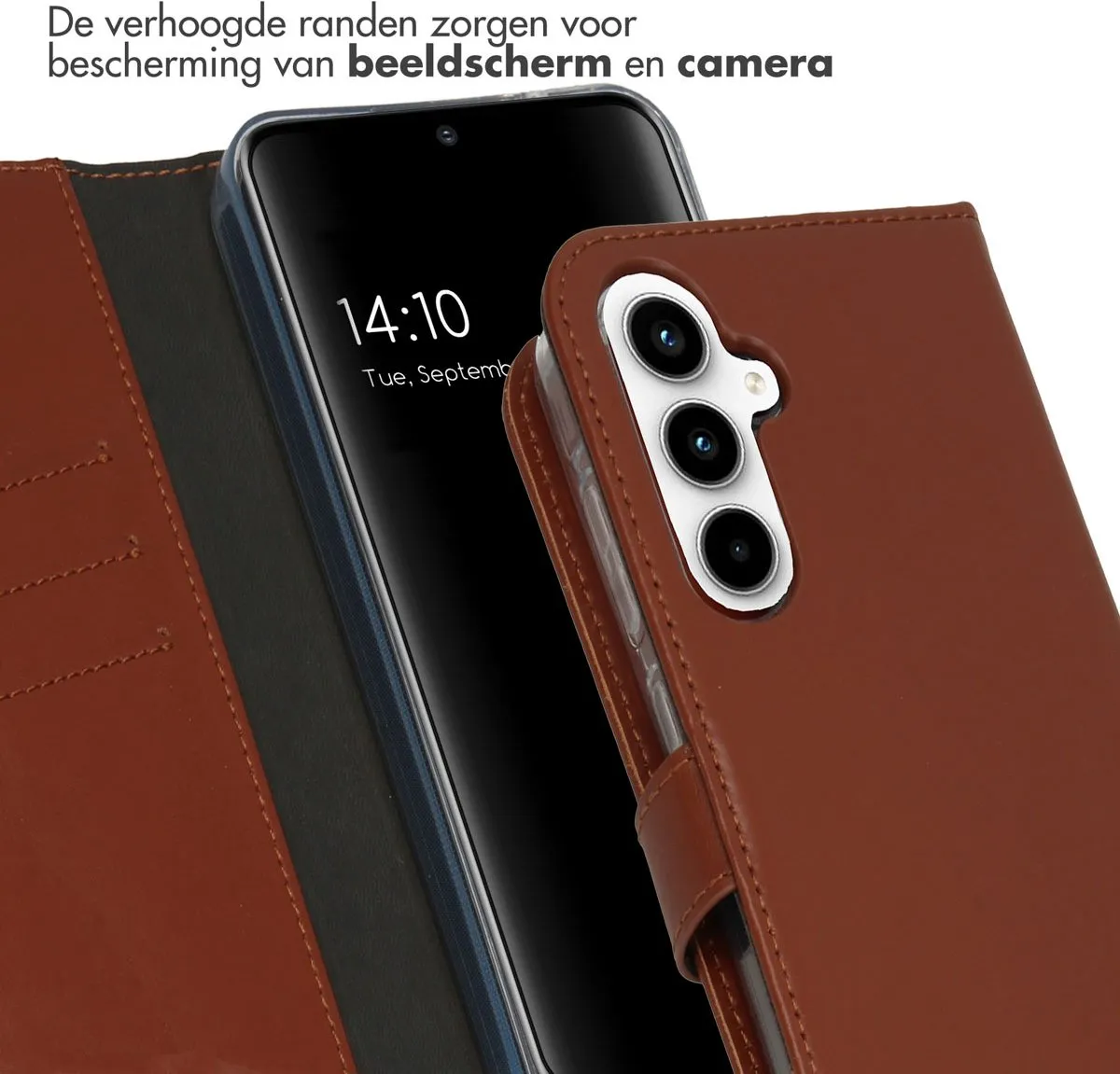 Selencia Hoesje Samsung Galaxy A55 Echt Lederen Bookcase Lichtbruin