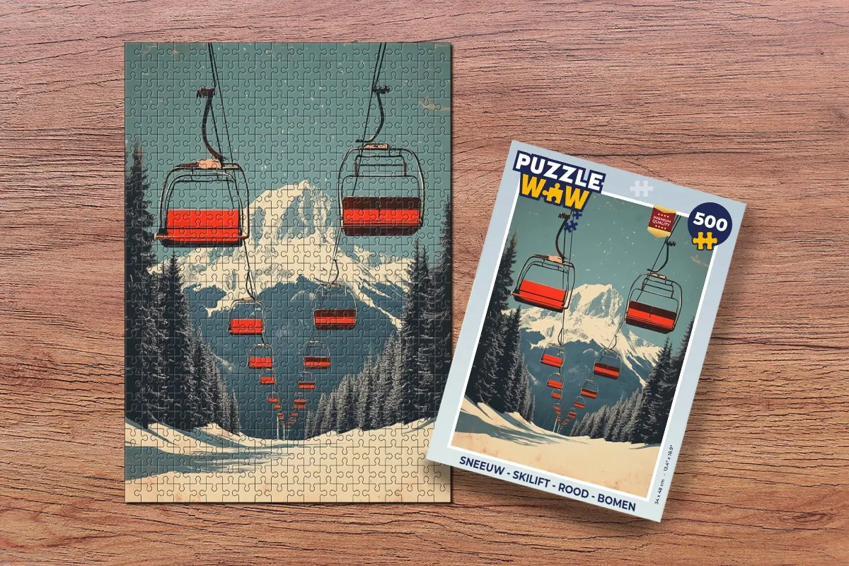 PuzzleWow Skilift Puzzel 500 Stuks - Bergen & Sneeuw - Rood