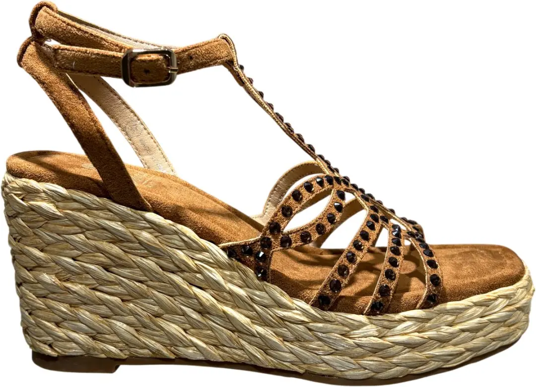 La Strada Wedge Sandaal Cognac Micro Met Steentjes
