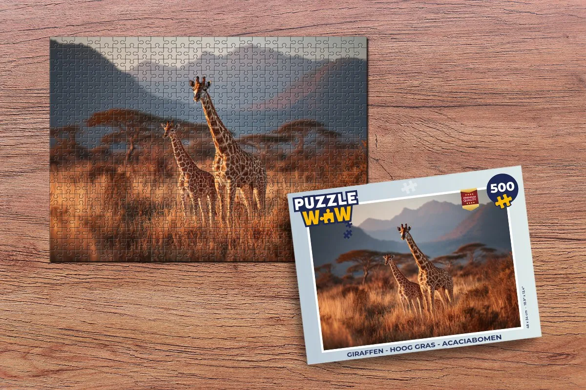 PuzzleWow Giraffen Puzzle 500 Stuks - Hoog gras Acaciabomen