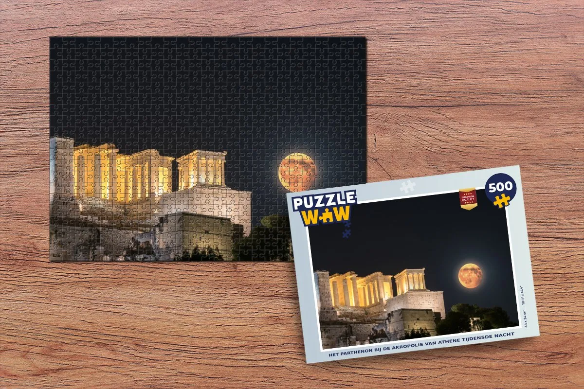 PuzzleWow Het Parthenon bij de Akropolis Nacht Legpuzzel 500 Stuks - Multicolor