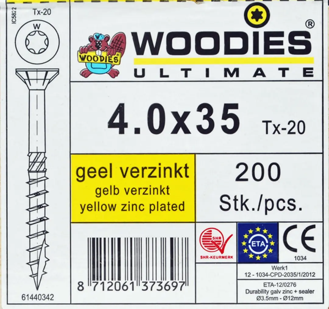 Woodies Houtschroef 4.0x35 TX20 Geel Verzinkt - 200 Stuks