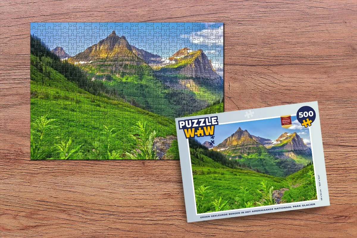 PuzzleWow Legpuzzel Groen gekleurde bergen Nationaal Park Glacier 500 Stuks