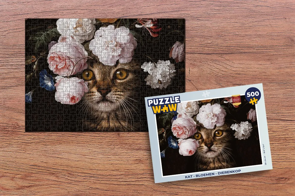 PuzzleWow Kattenbloemen Dierenkop Legpuzzel 500 Stuks - Multicolor
