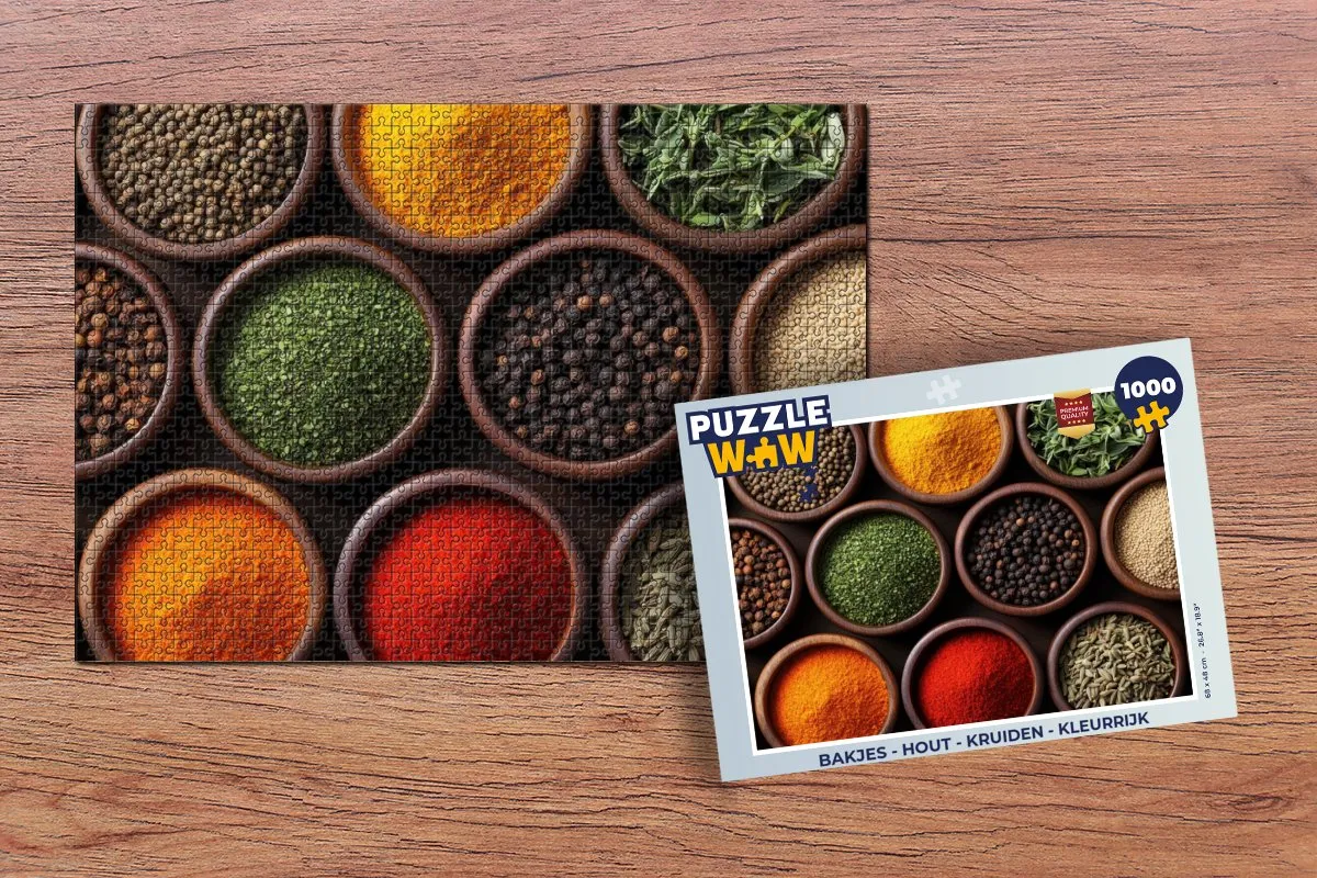 PuzzleWow Puzzel 1000 Stuks - Houten Bakjes Kruiden - Kleurrijk