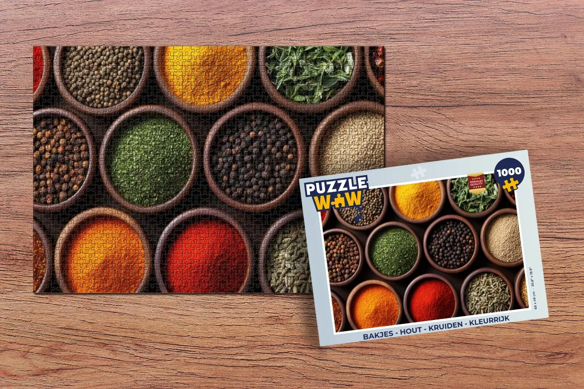PuzzleWow Puzzel 1000 Stuks - Houten Bakjes Kruiden - Kleurrijk