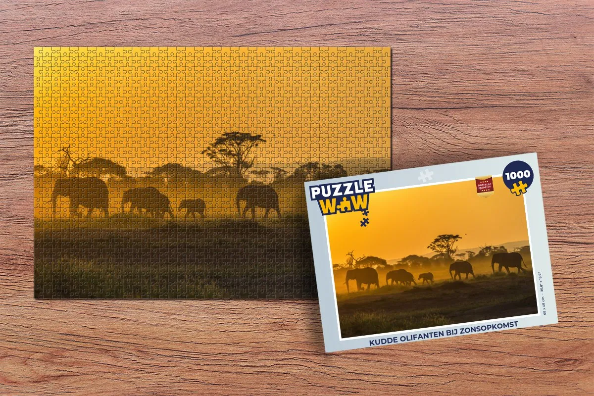PuzzleWow Kudde Olifanten bij Zonsopkomst Legpuzzel 1000 Stuks - Multicolor