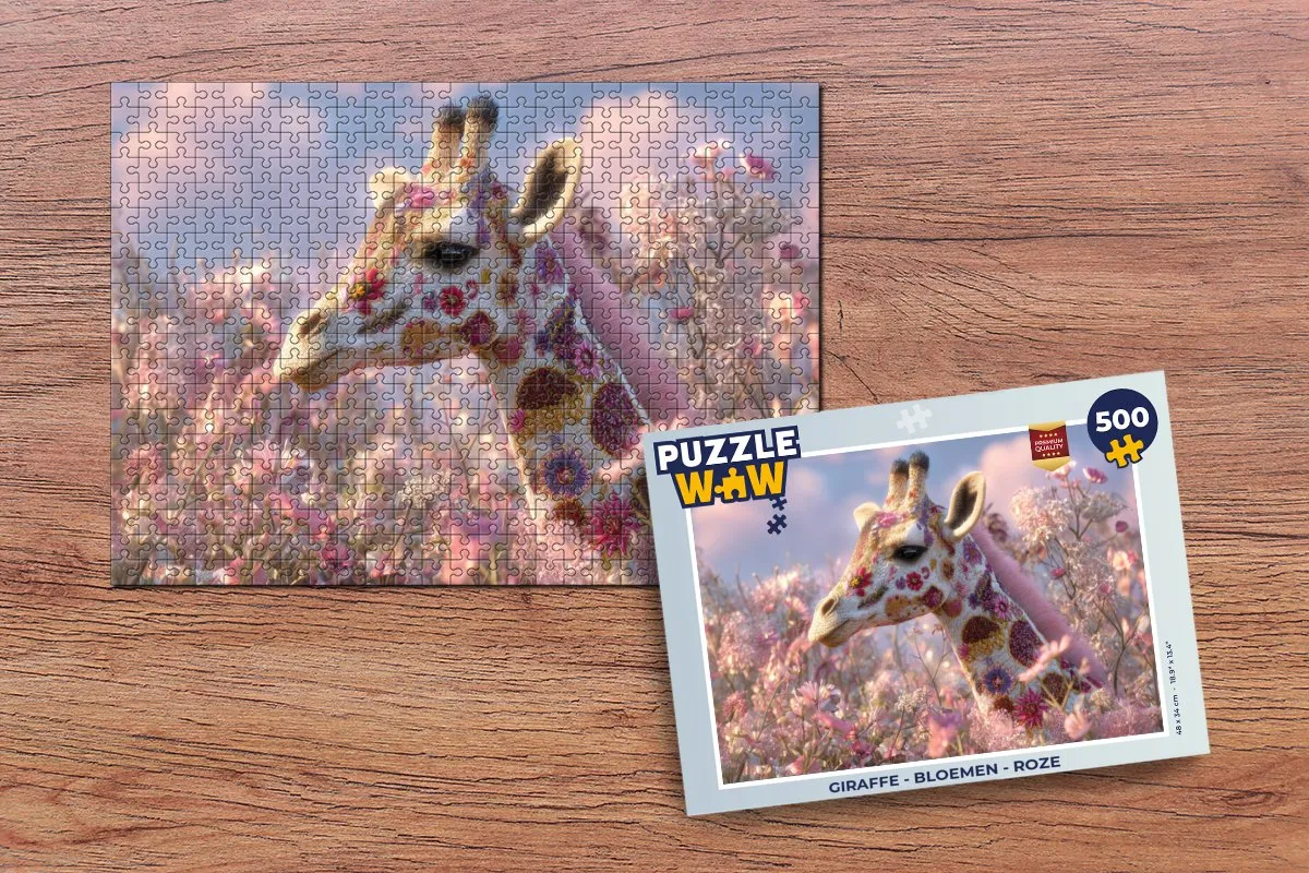 PuzzleWow Giraffe Bloemen Legpuzzel 500 Stuks - Roze