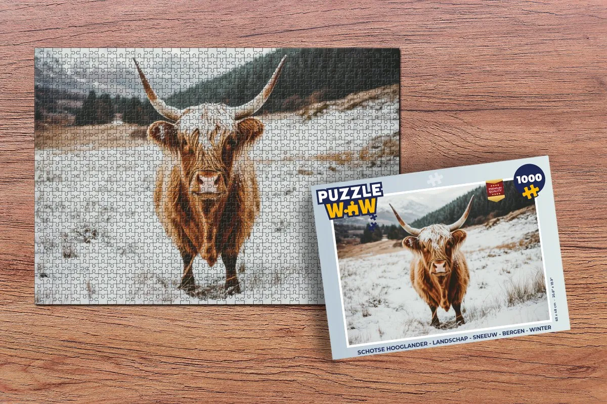 PuzzleWow Schotse Hooglander Legpuzzel 1000 Stuks - Sneeuw/Winter