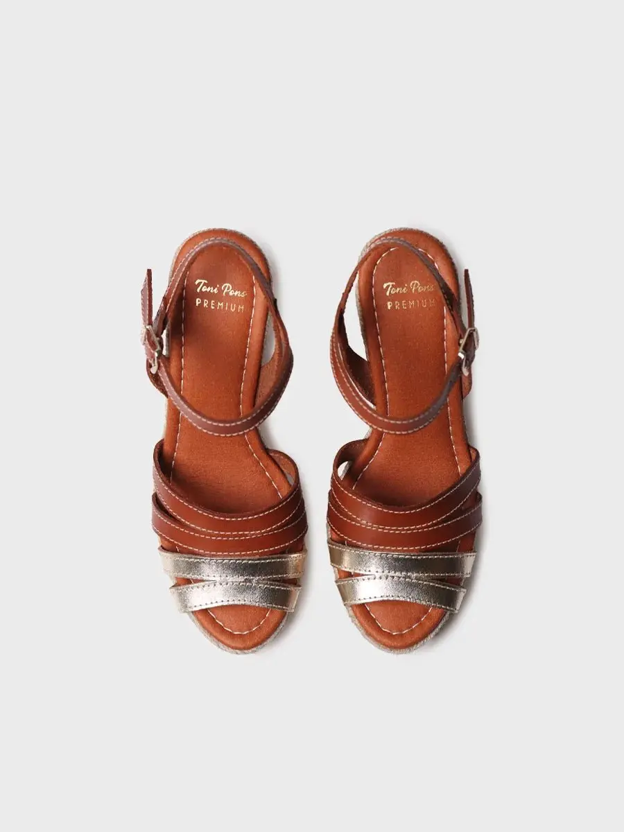 Open espadrille voor dames van platina leer met sleehak