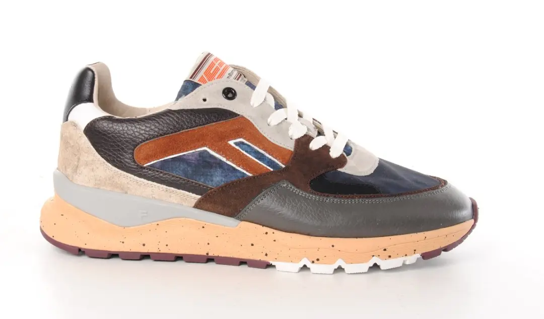 Floris van Bommel heren sneaker De Treener II leder en suède kaki, blauw en bru