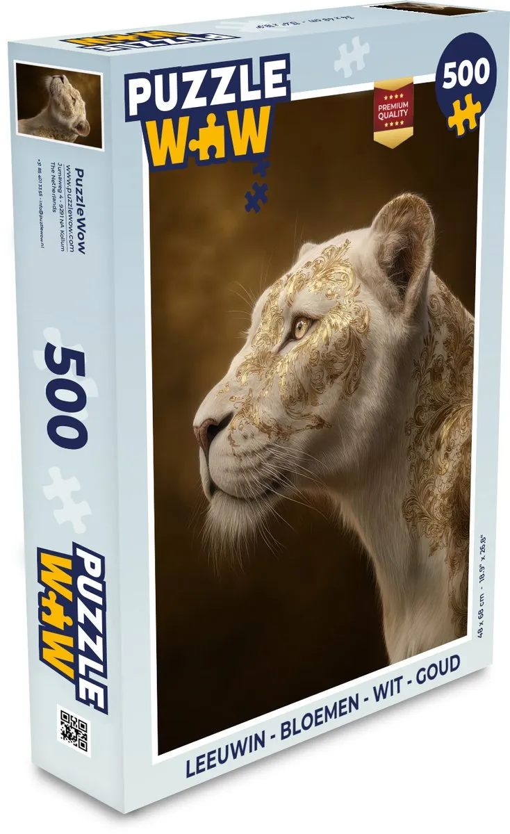 PuzzleWow Leeuwin Bloemen Legpuzzel 500 Stuks - Wit/Goud