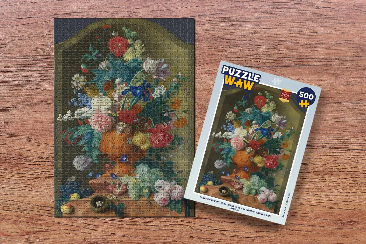 PuzzleWow Bloemen in een Terracotta Vaas - Jan van Huysum Legpuzzel 500 Stuks