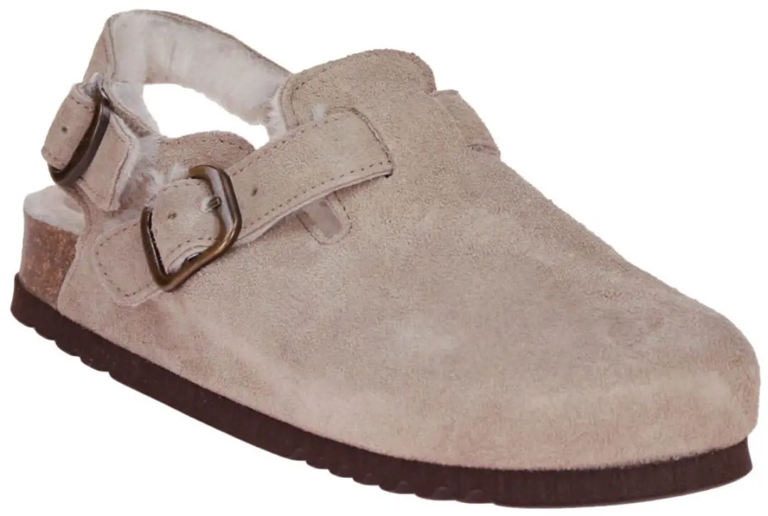 Klomp Scholl Women Fae Backstrap Suede Fur Dark Beige-Schoenmaat 39