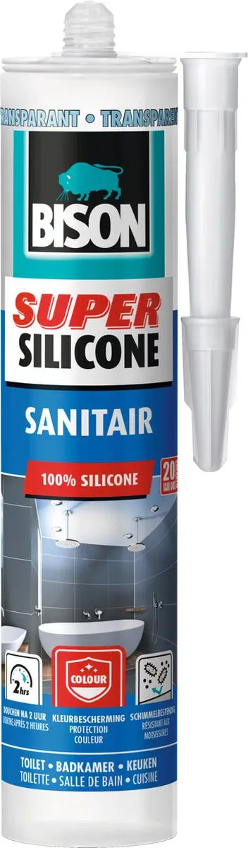 Bison Super Silicone Sanitair Transparant Koker 300 ml, waterbestendige silicone