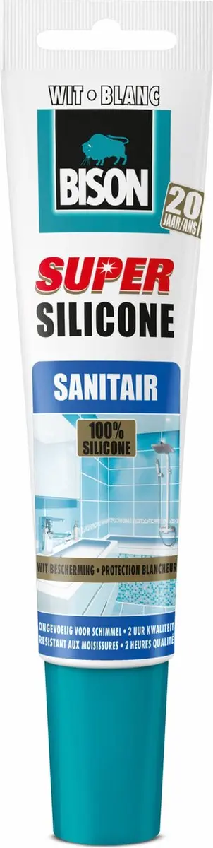 Bison Super Silicone Sanitair wit tube 150 ml, waterbestendige siliconenkit, lan