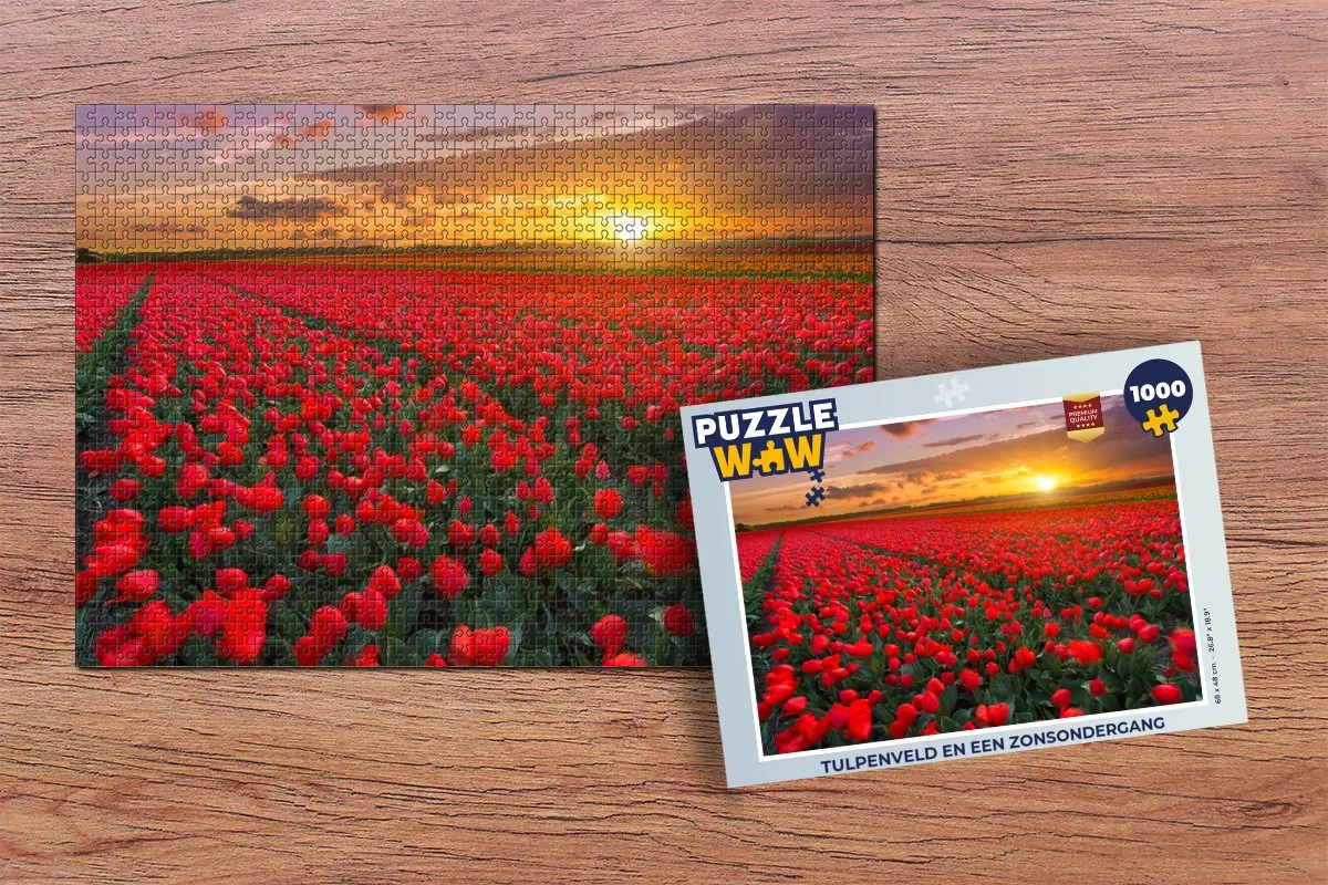 PuzzleWow Legpuzzel Tulpenveld en Zonsondergang 1000 Stuks - Multicolor