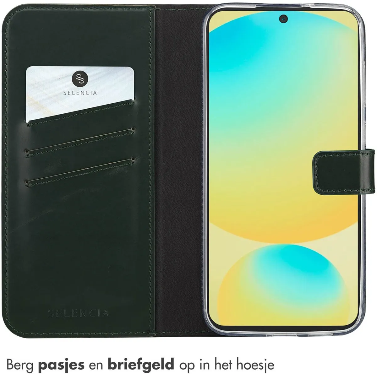 Selencia Hoesje Samsung Galaxy S25 FE Groen - Lederen Bookcase 3 Pasjes