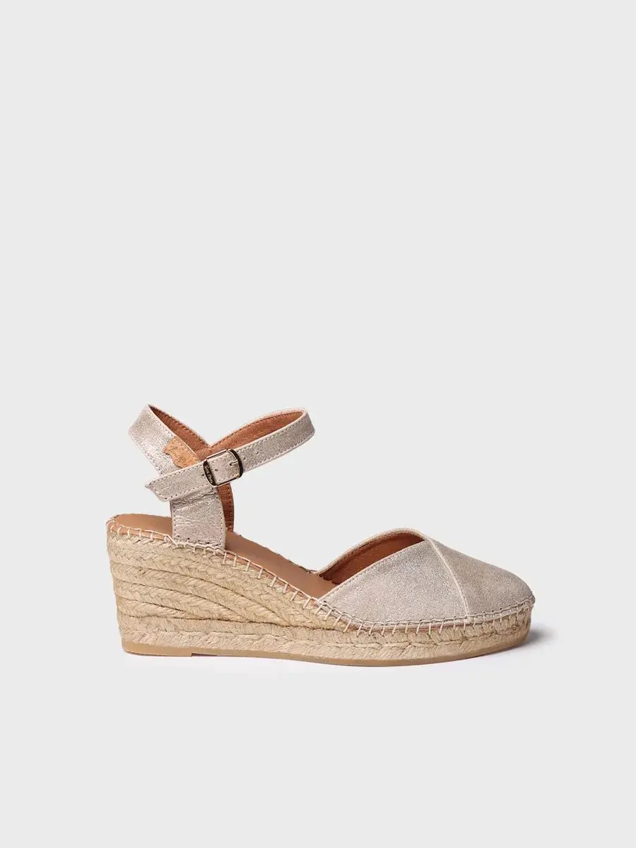 Dames leren espadrille met sleehak in champagnekleur