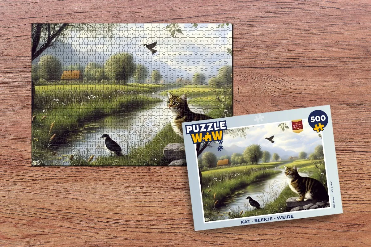PuzzleWow Kat - Beekje - Weide Legpuzzel 500 Stuks - Natuur