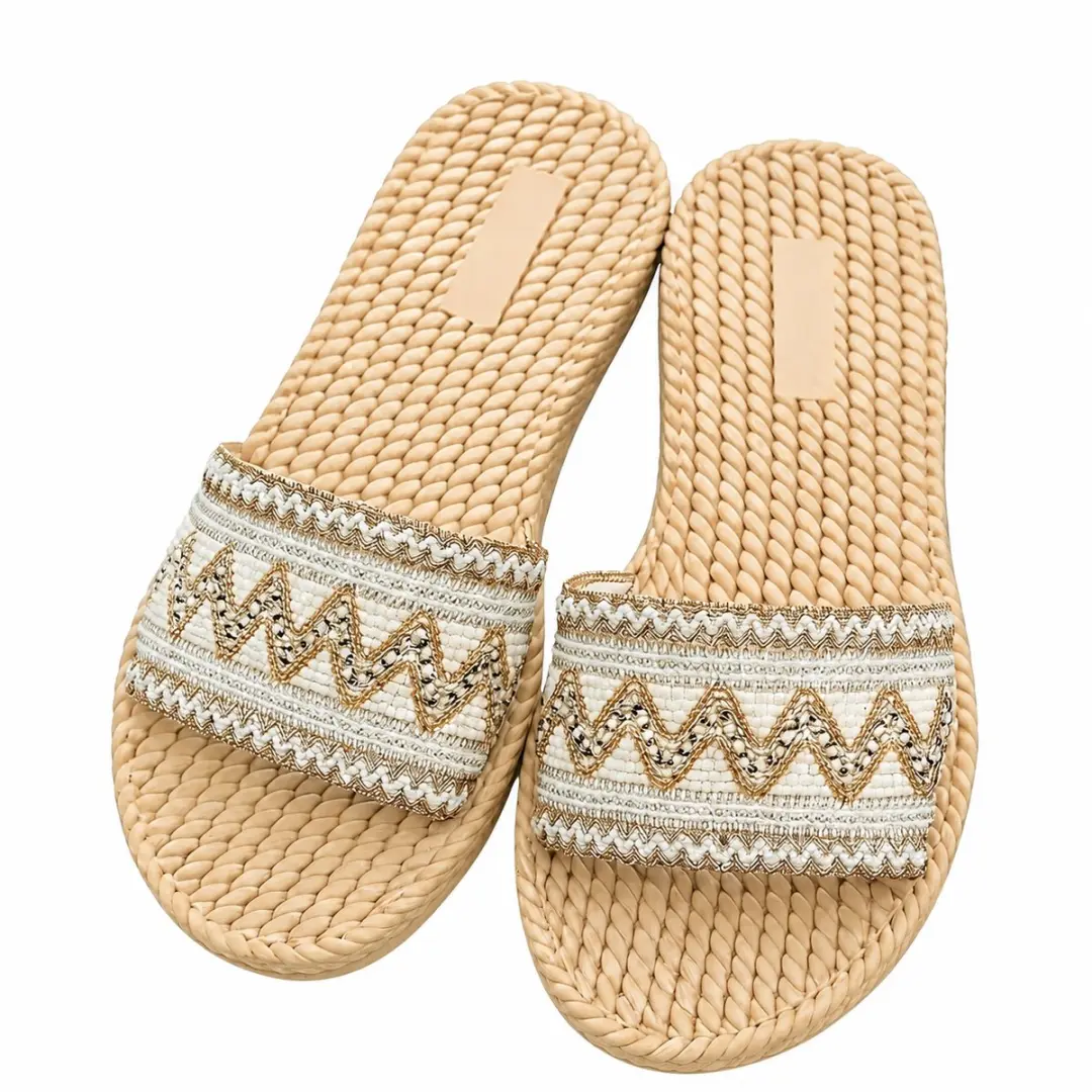 Beige dames slippers instap sandalen platte slippers open teen dikke zool bohemi