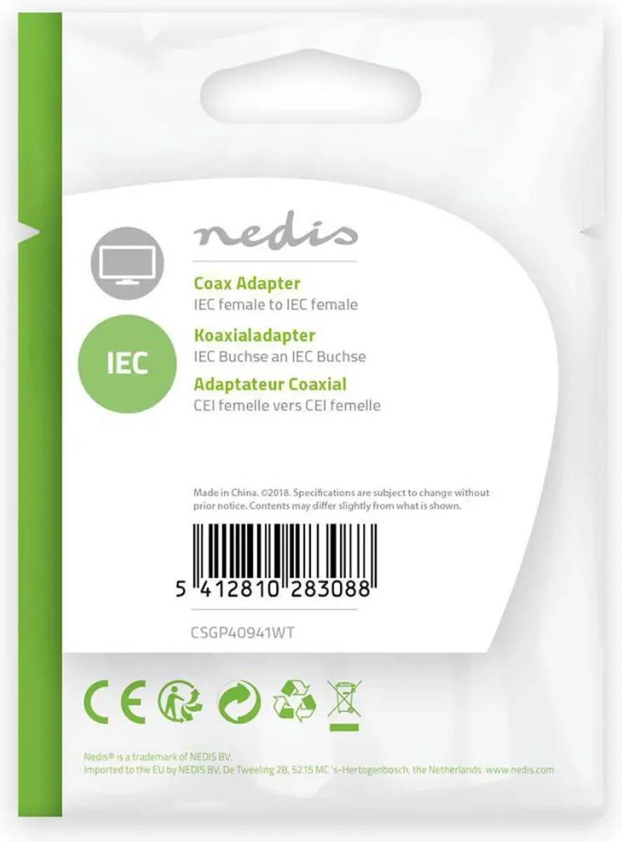 Nedis IEC Coax Adapter 75 Ohm - Recht - Wit - afbeelding 6 van 6