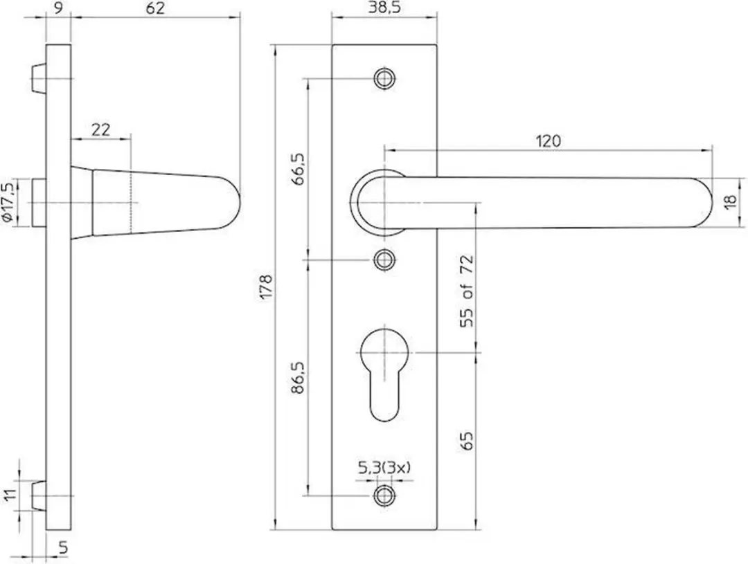 Nemef Deurkrukgarnituur F1 Din links 3252WC - 8x72mm - Aluminium - afbeelding 3 van 4