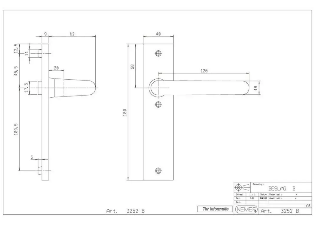 Nemef Kruk Schild 3252 Blind F1 DIN Links & Rechts - Aluminium - afbeelding 3 van 4