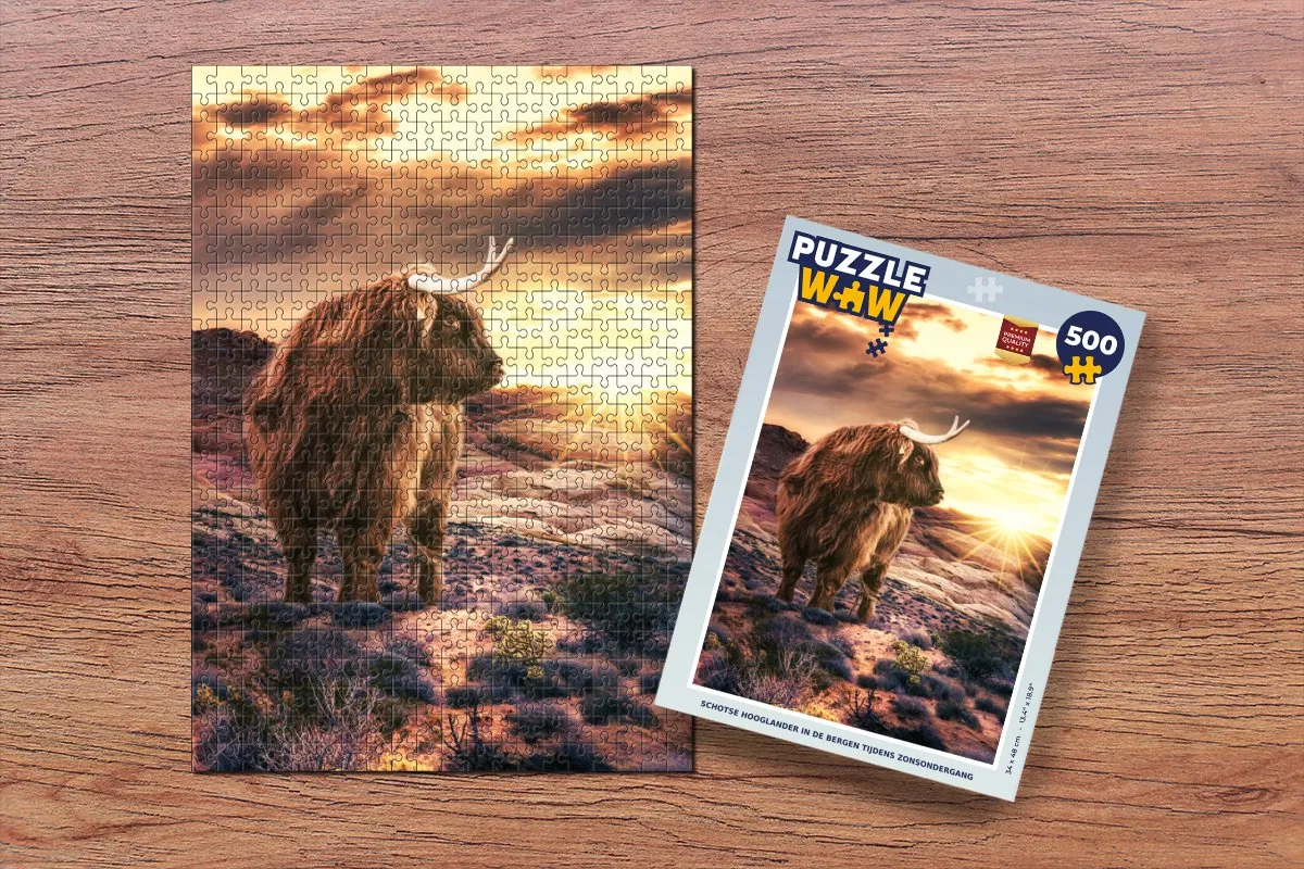 PuzzleWow Schotse Hooglander Zonsondergang Legpuzzel 500 Stuks - Multicolor