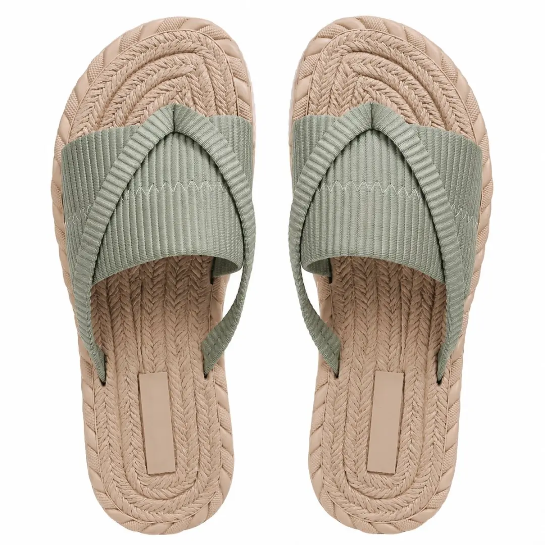 Leger groene teenslippers dames met gekruiste stoffen band