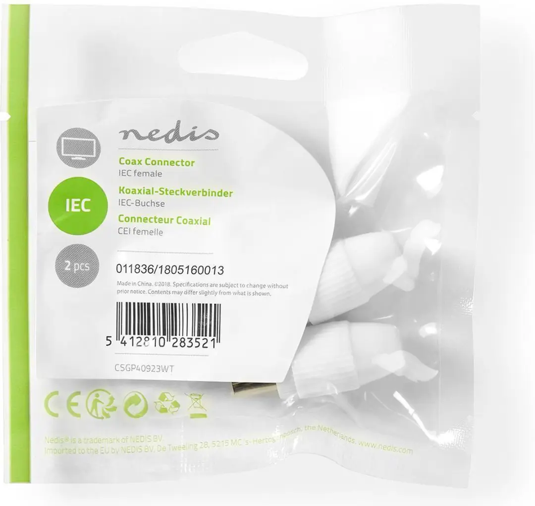 Nedis IEC Coax Connector Recht Female 75 Ohm - 2 Stuks