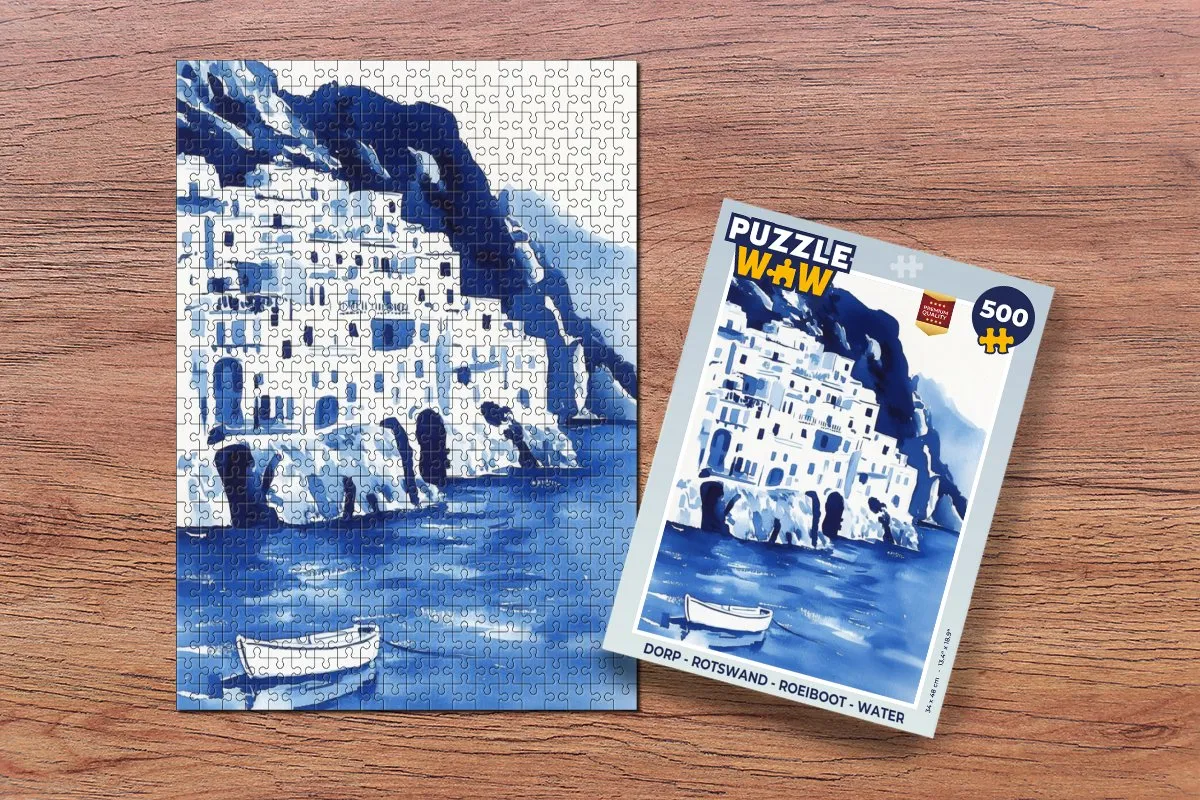 PuzzleWow Rotswand Roeiboot Legpuzzel 500 Stuks - Dorp/Waterthema