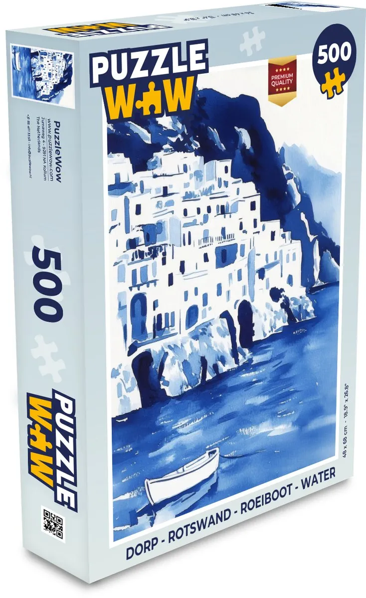 PuzzleWow Rotswand Roeiboot Legpuzzel 500 Stuks - Dorp/Waterthema