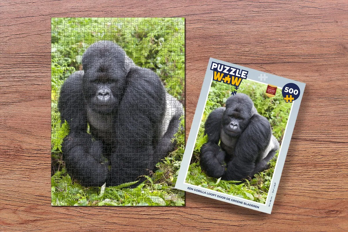 PuzzleWow Legpuzzel Een Gorilla loopt door de groene bladeren 500 Stuks - Multicolor