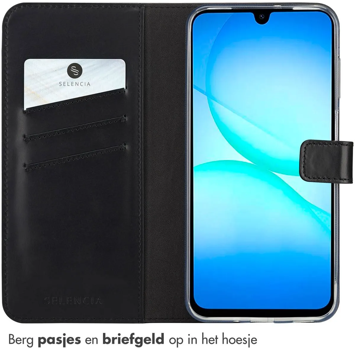 Selencia Hoesje Samsung Galaxy A17 - Echt Lederen Bookcase 3 Pasjes - Zwart