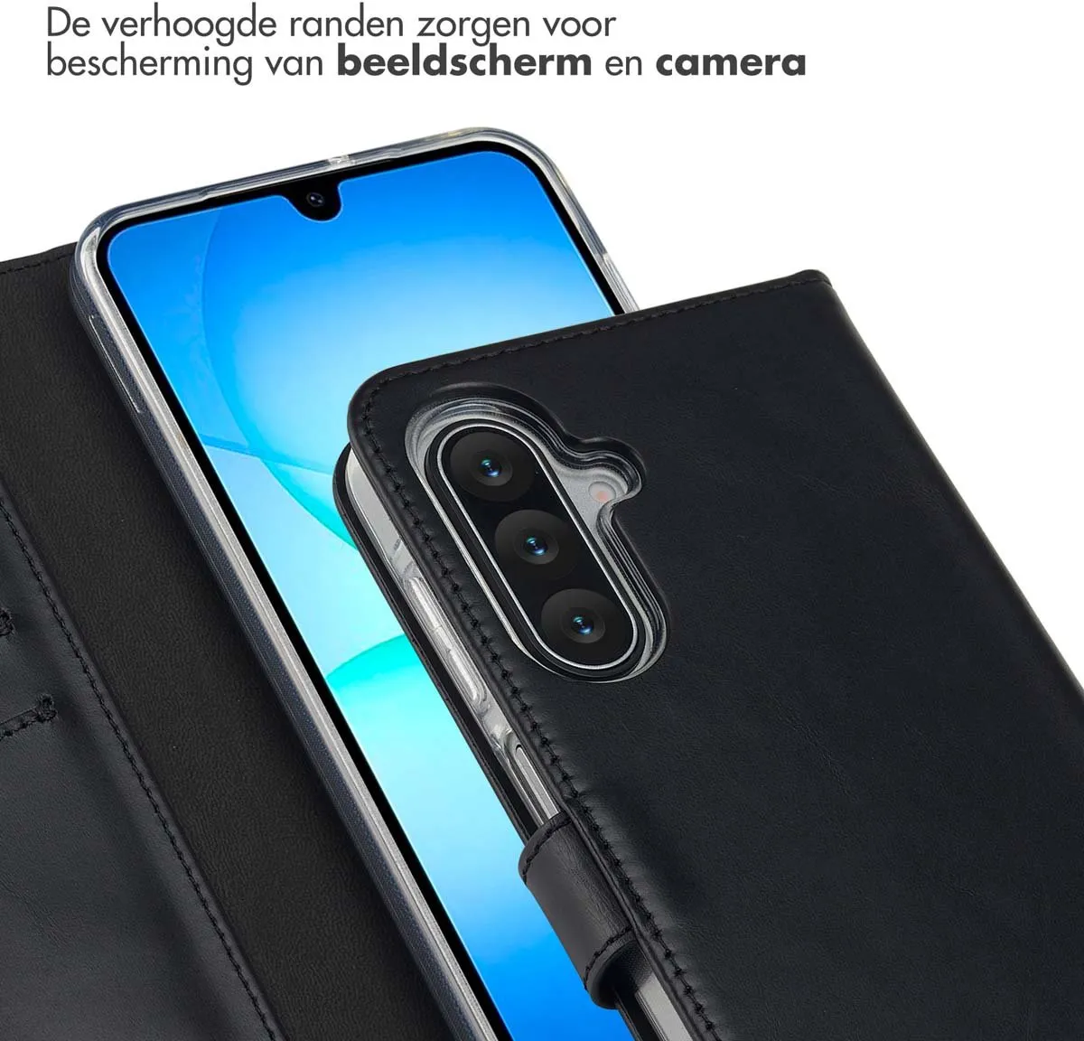 Selencia Hoesje Samsung Galaxy A17 - Echt Lederen Bookcase 3 Pasjes - Zwart