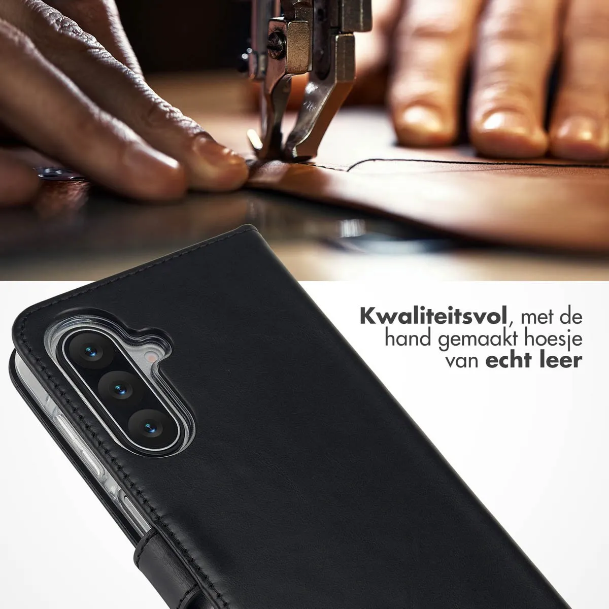 Selencia Hoesje Samsung Galaxy A17 - Echt Lederen Bookcase 3 Pasjes - Zwart