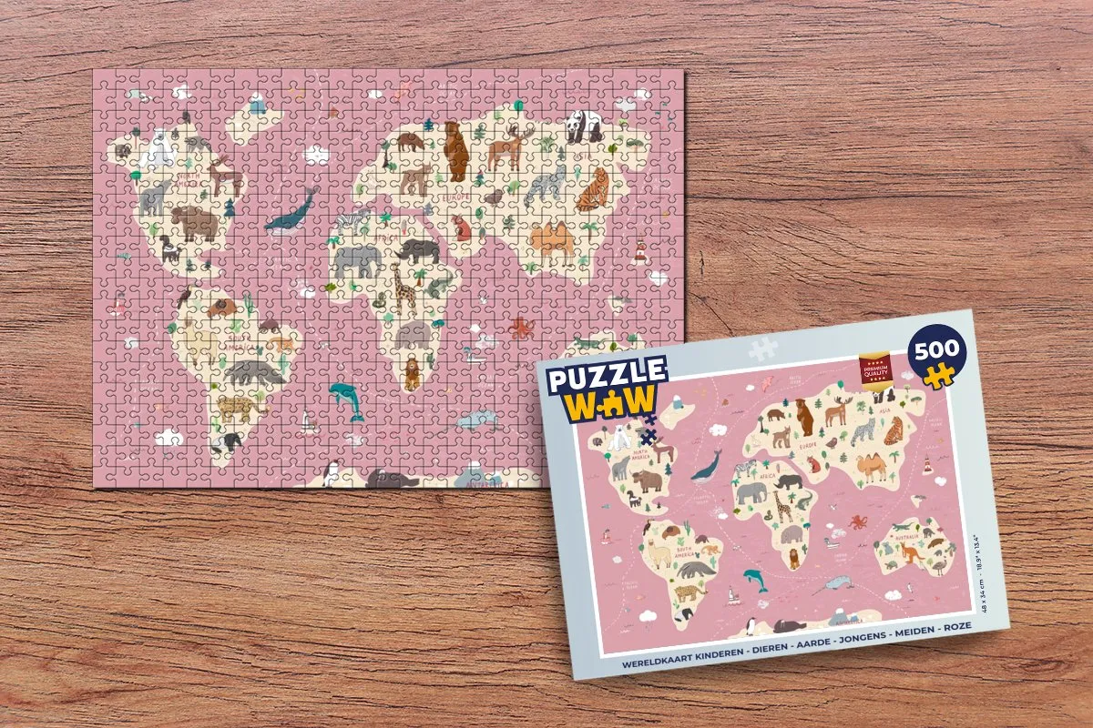 PuzzleWow Wereldkaart Dieren Puzzel 500 Stuks - Multicolor