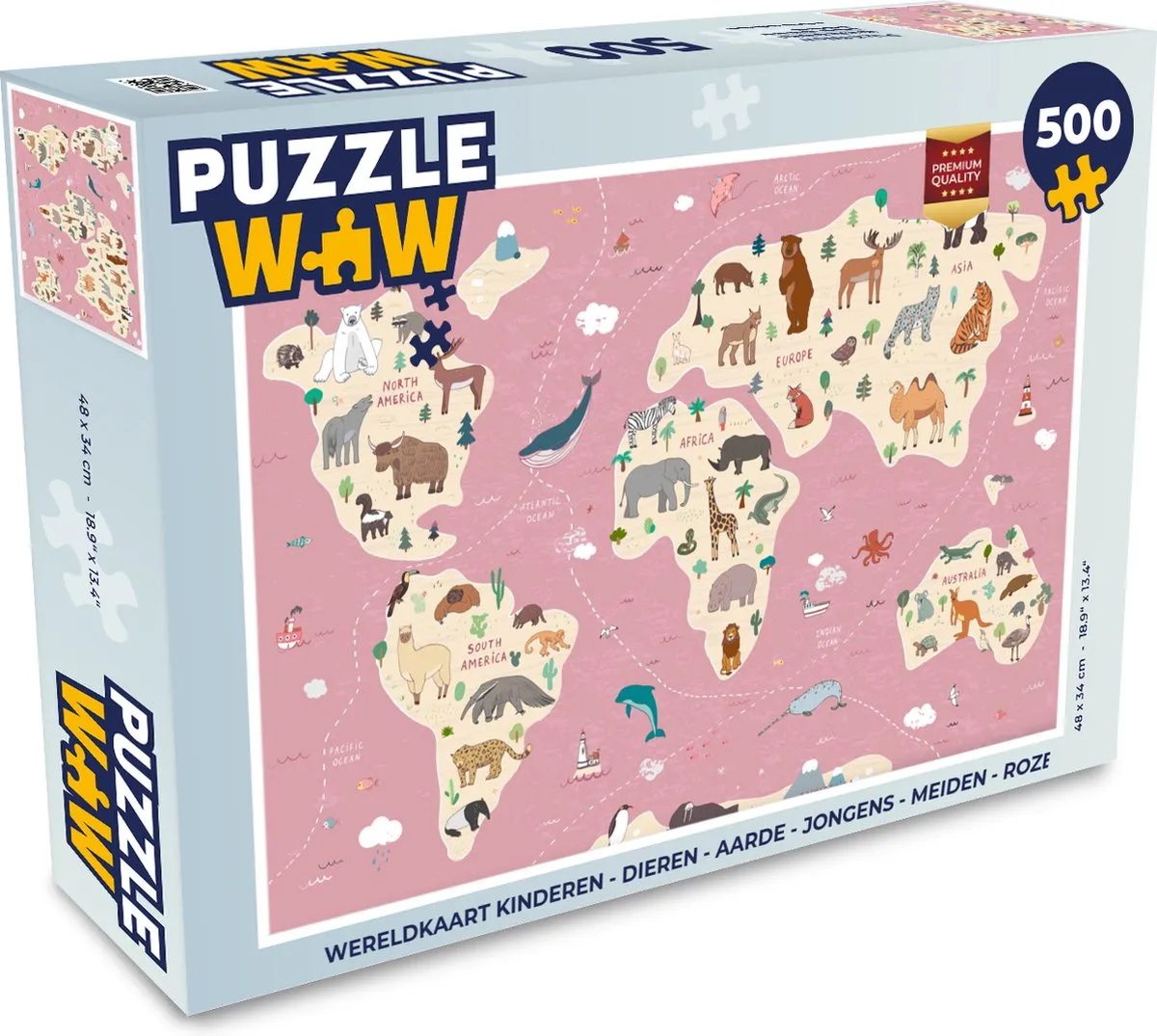 PuzzleWow Wereldkaart Dieren Puzzel 500 Stuks