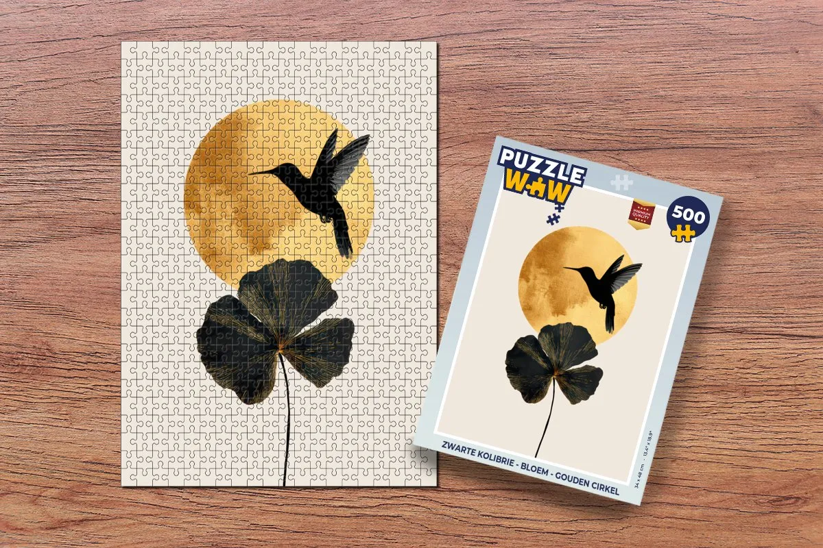 PuzzleWow Puzzel Zwarte Kolibrie Bloem Gouden Cirkel - 500 Stuks
