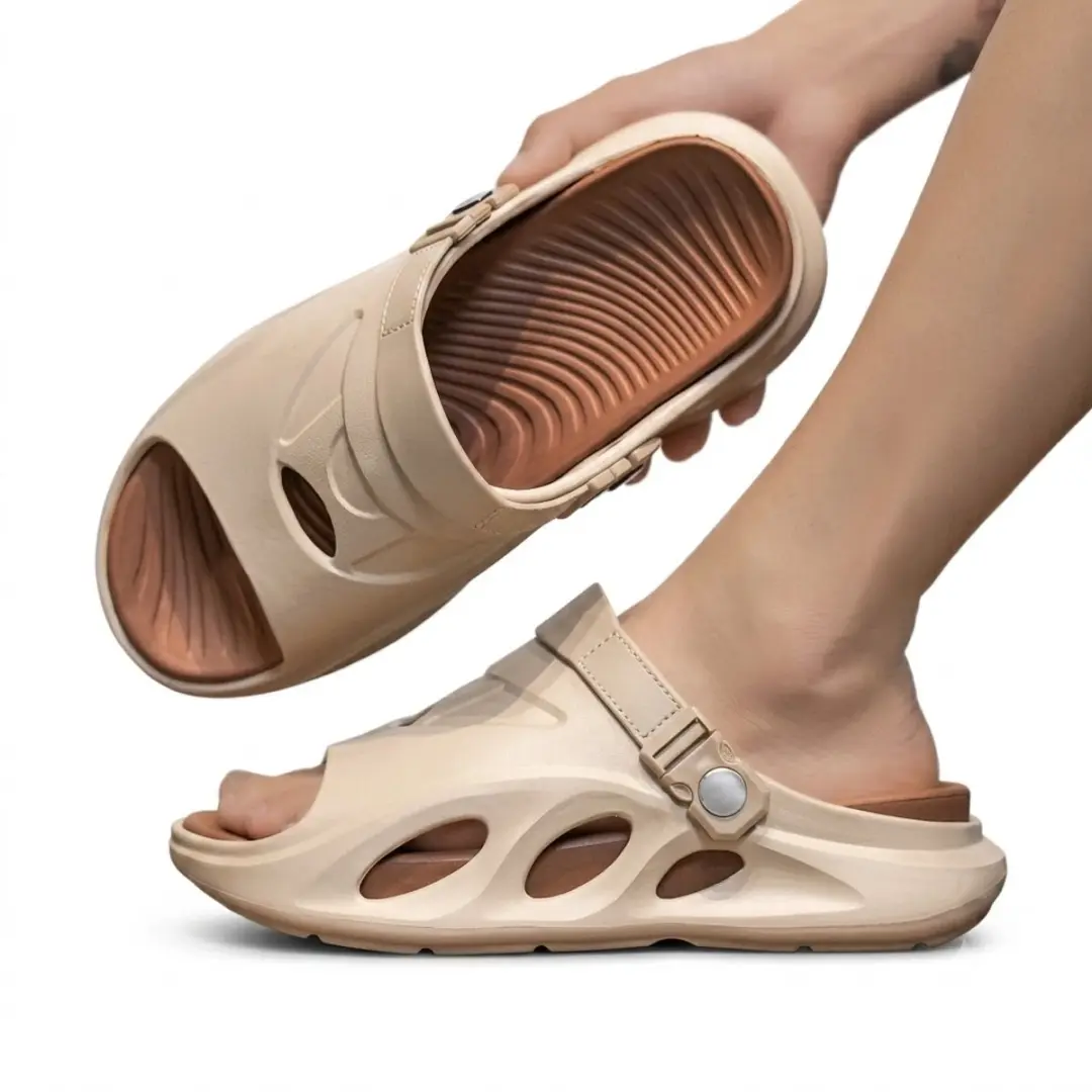 Khaki badslippers heren en dames open teen instap slippers met verstelbare hielb