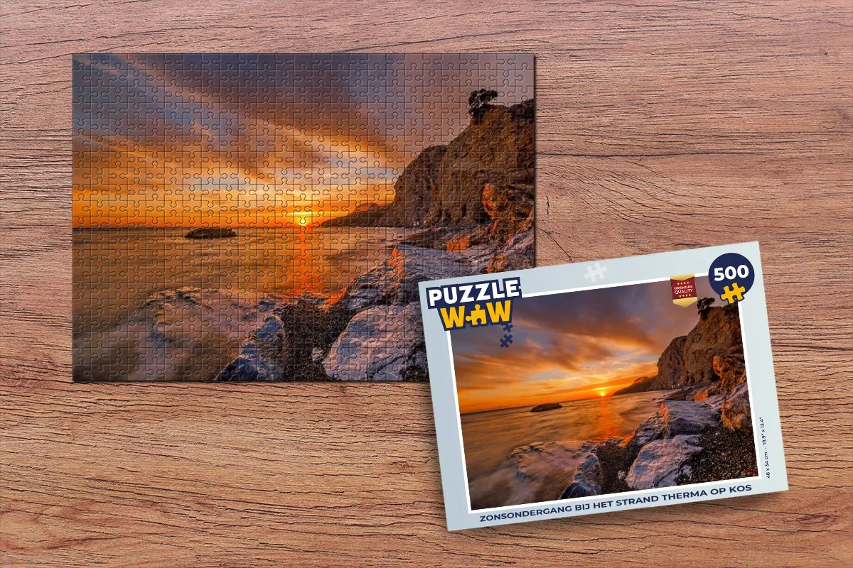 PuzzleWow Zonsondergang bij het strand Therma op Kos Legpuzzel 500 Stuks - Multicolor