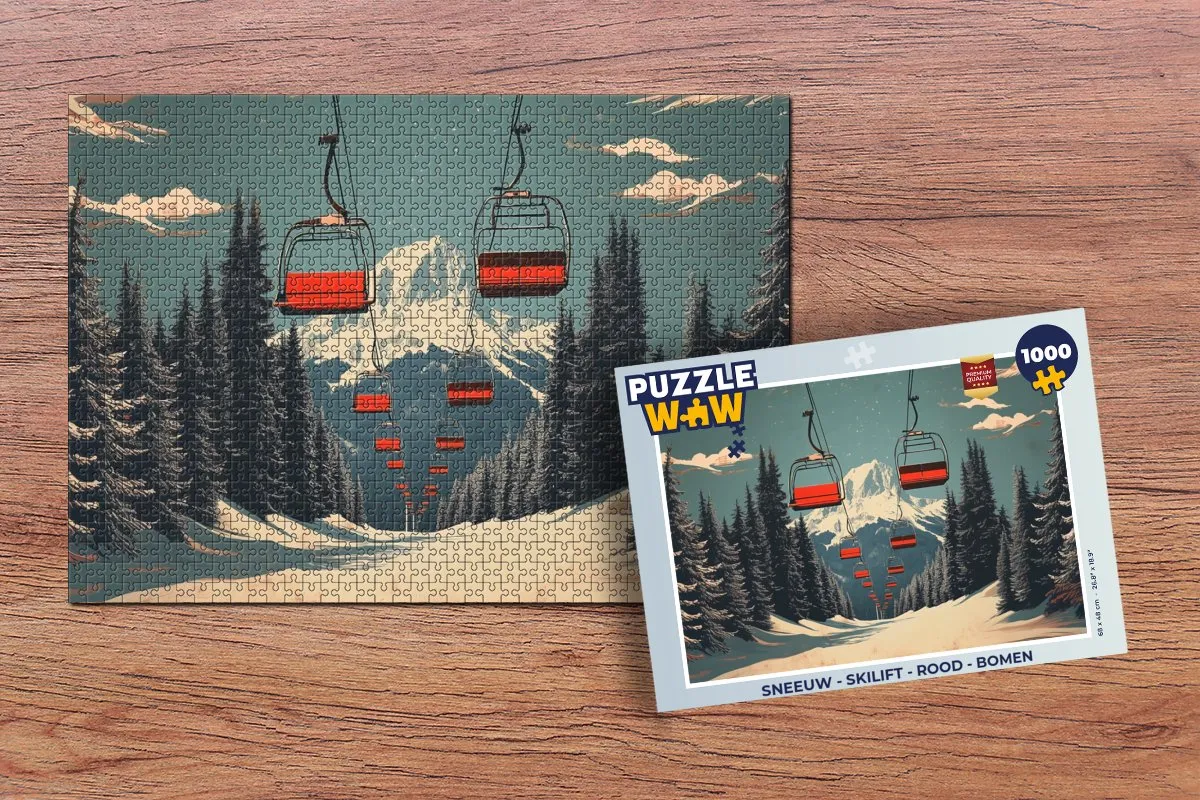 PuzzleWow Skilift Sneeuw Legpuzzel 1000 Stuks - Rood